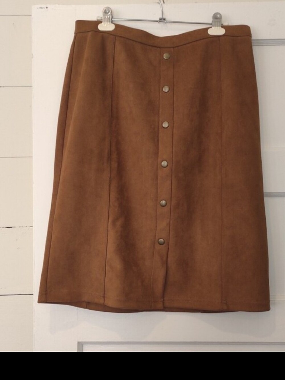 Retrology Button Detail A-Line Faux Suede Midi Skirt - Tan, Cognac Medium